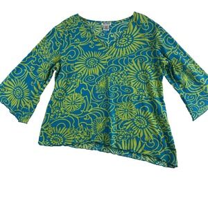Paradiso Blouse Top Sz OX (XL) 3/4‎ Bell Sleeve Bright Hawaiian Coastal